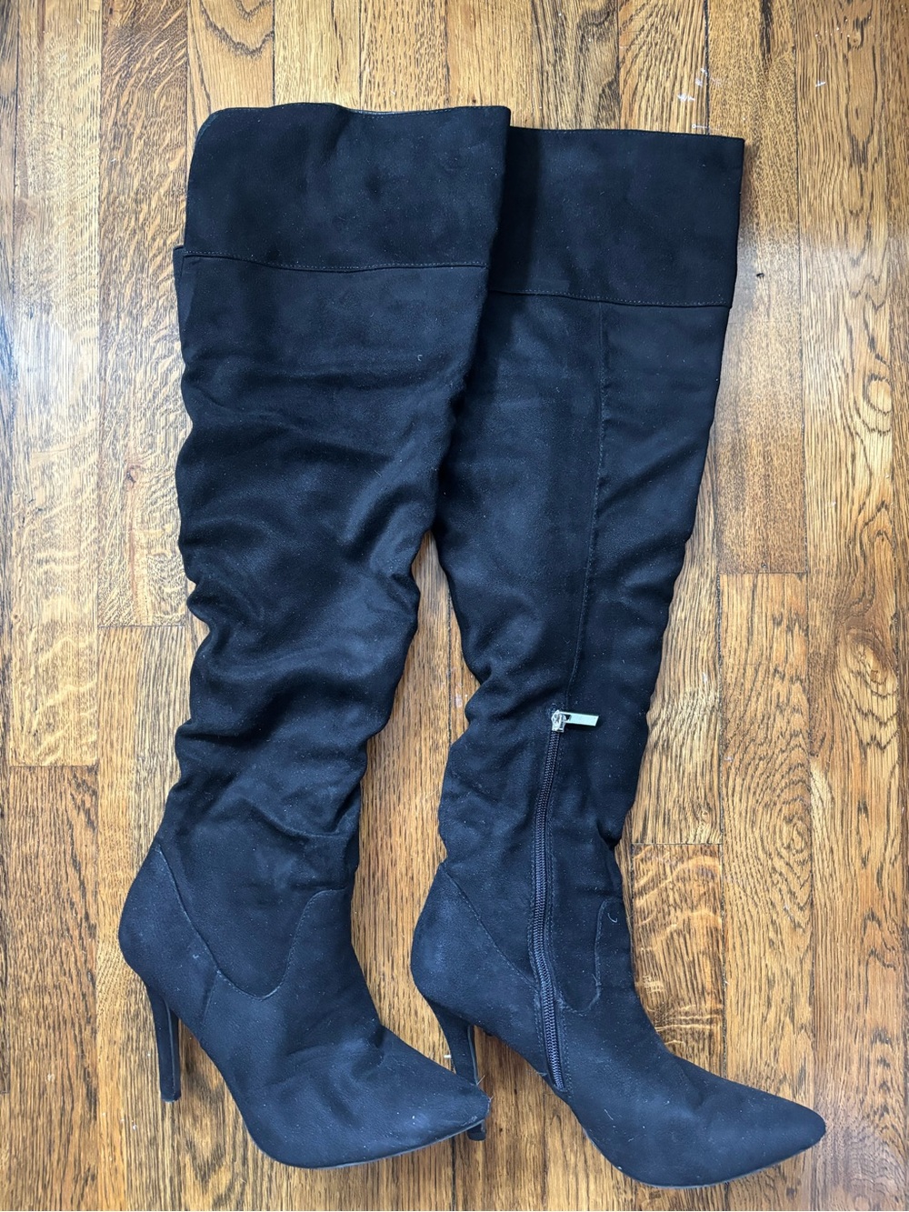 Black Suede Knee-High Heeled Boots